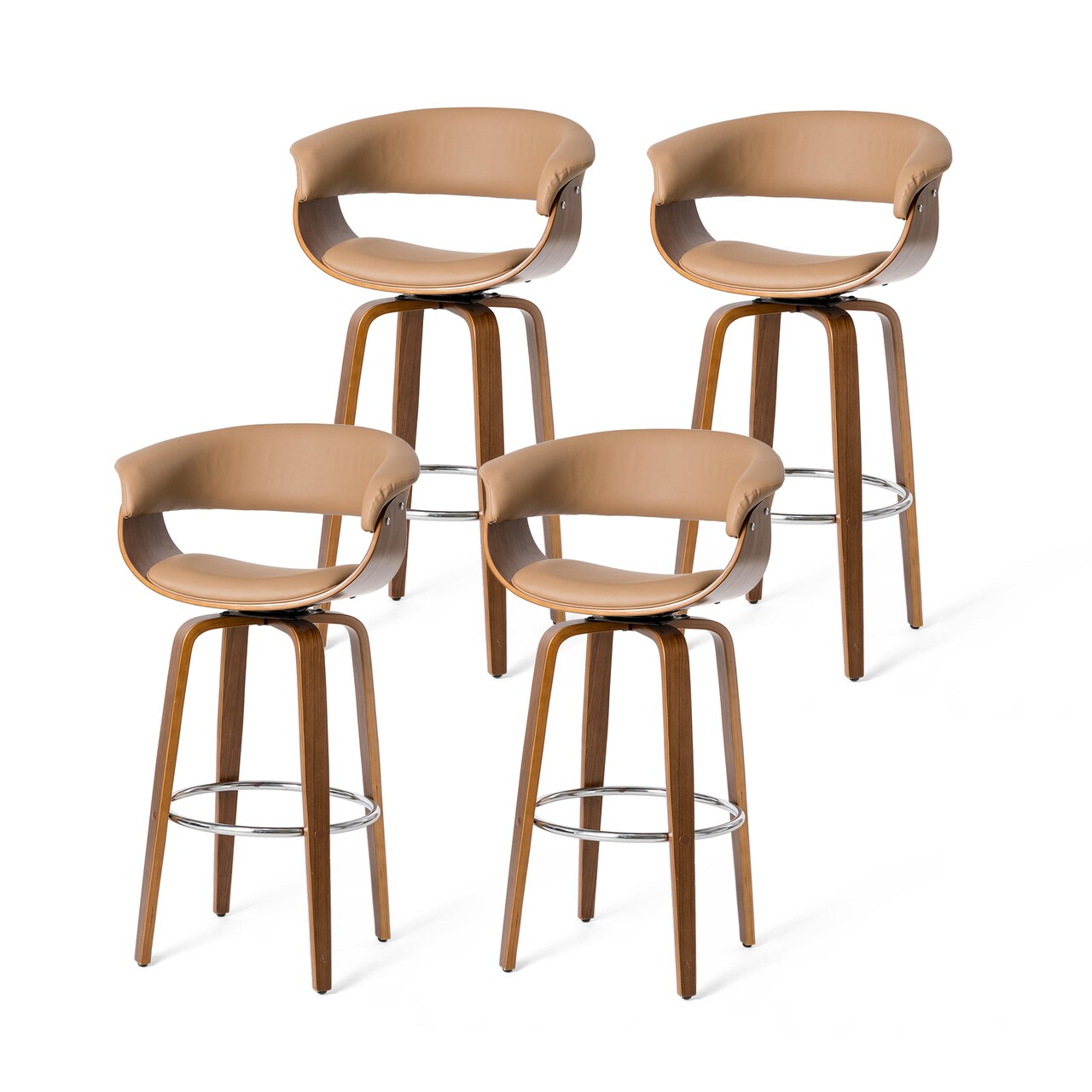 Set of 2/4 Mid-century Modern Leatherette Swivel Bar Stools/Counter Stools with Walnut Bentwood Frame